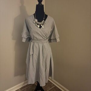 Gray A-Line Midi Dress with Flutter Sleeves